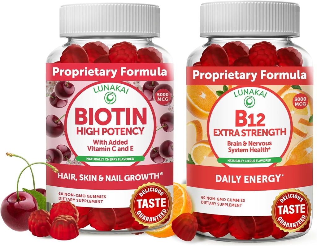 Lunakai Biotin og vitamin B12 Gummies Bundle - Hårhud og negler vekst gummier med vitamin C og E - Ikke-GMO & Vegansk Supplement for energi støtte og bein helse - 30 dagers forsyning