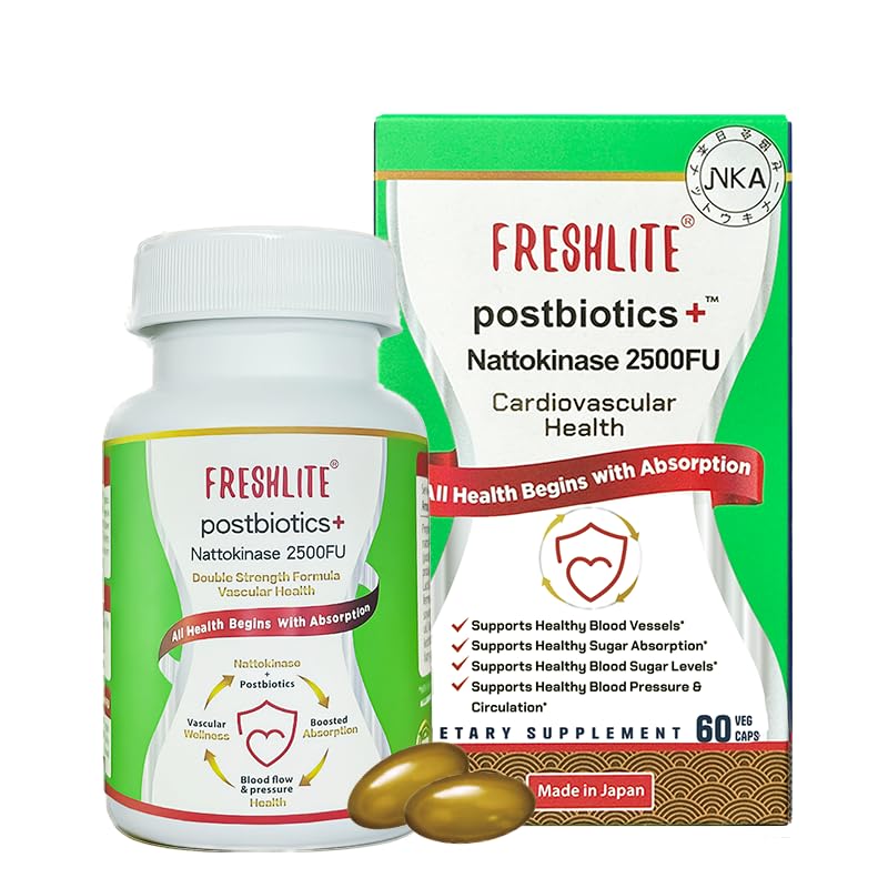 FRESHLITE 2500FU Premium NSK-SD Nattokinase & Vegansk Postbiotika for kardiovaskulær støtte | Blodtrykk, kolesterol og hjertehelse | JNKA-sertifisert | Ikke-GMO, Glutenfri, 60 Kapsler Japan laget