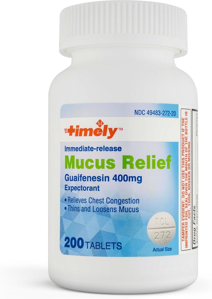 TIME-CAP LABS, INC. Tidlig Mucus Relief Guaifenesin 400mg 200 tabletter - Umiddelbar frigjøring Mucus Phlegm Relief - Forventet for Mucus fjerning, brystkongestiv, influensa, forkjølelse, allergier