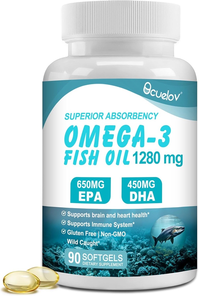 Omega 3 Fish Oil Supplements, Triple Styrke Omega 3 Næringstilskudd med 650mg EPA 450mg DHA Per Serving - Hjerne, Øye, hjerte og immun helse støtte - 90 Softgels (45 Serv)