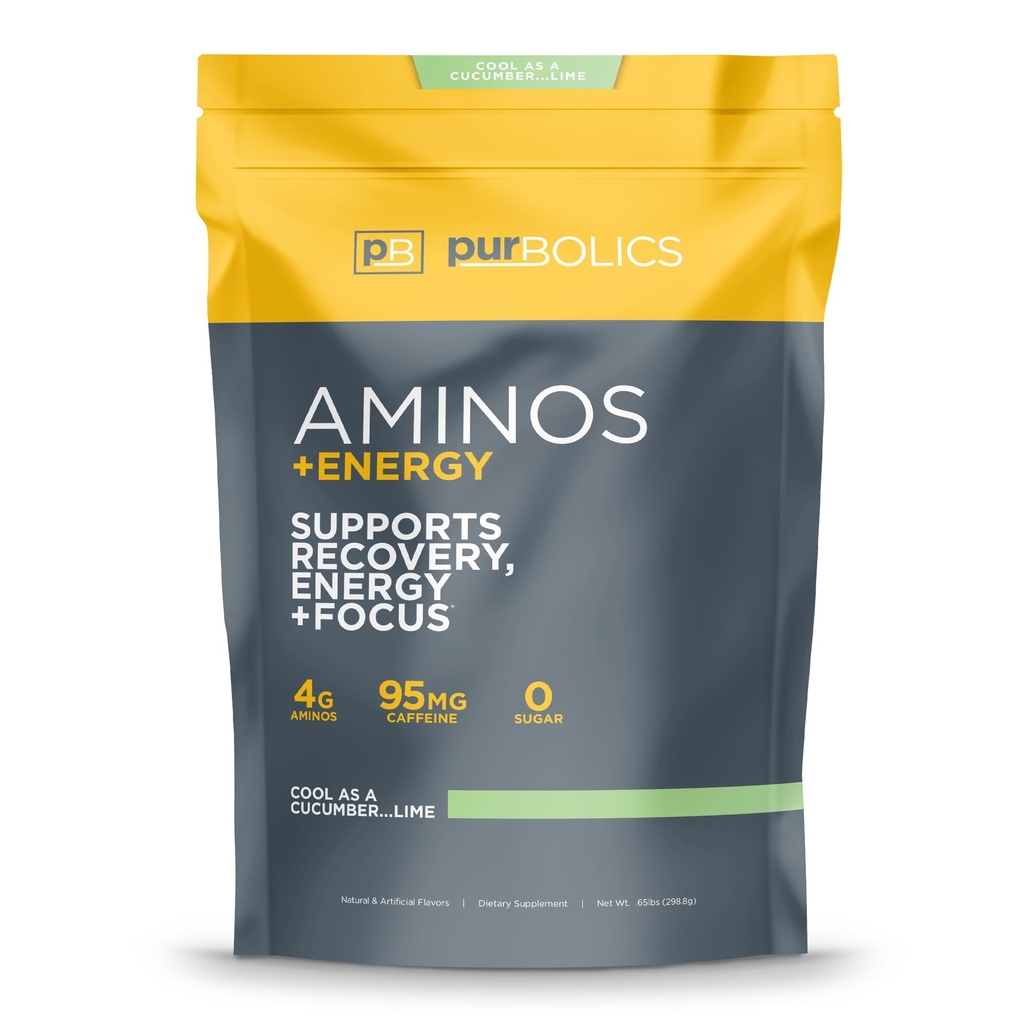 Purbolics Aminos + Energi | Støtter gjenoppretting, energi og fokus | 95 mg koffein, 0 sukker og 60 serveringer (Cool as Cucumber...Lime)