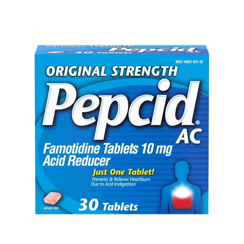 Pepcid AC Opprinnelig styrke Heartburn Relief Tabletter, OTC medisin forhindrer og lindrer Heartburn & Acid Reflux På grunn av syreforedling, 10 mg Famotidinsyre Reducer, Fast-Acting, 30 ct