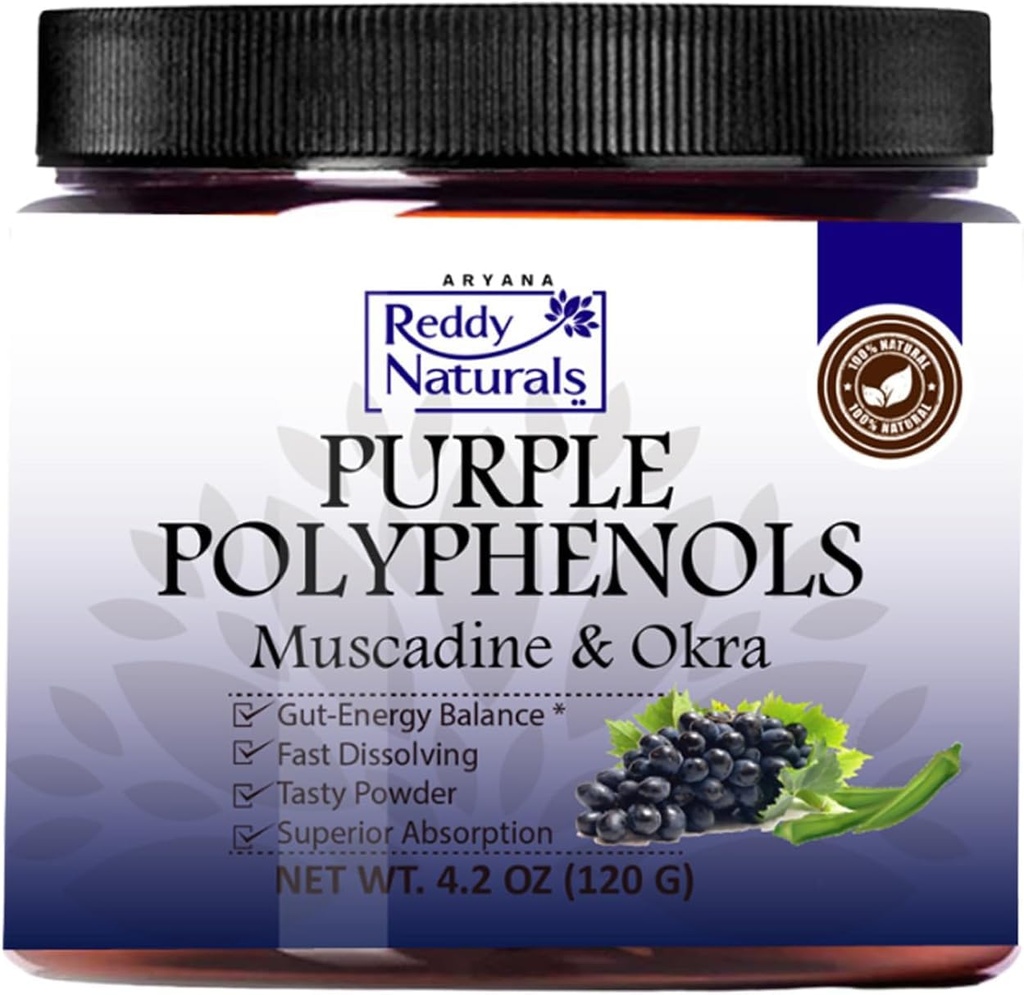 Reddy Naturals - Purple polyfenoler Supplement med Muscadin Grape Seed Extract - Naturlig Gut Helse Støtte pulver med Okra ekstrakt, Antioksidant blanding for energi og digestiv helse (30 Serveringer)