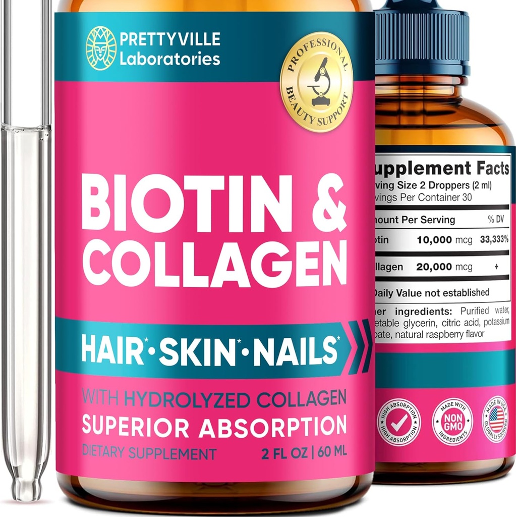 Flytende kollagen og biotin for kvinner - 30000mcg hårvekstkompleks - laget i USA - Hydrolysert kollagen & biotinolje for hårvekst, sunn hud og negler - Vegan Collagen & Biotin Kilde - 2 fl oz