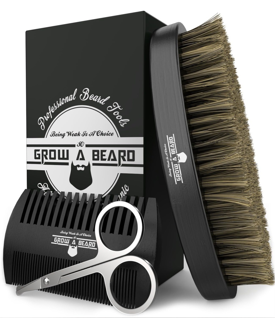 Skjortebørste for menn og beard Comb sett w/Mustache Scissors Grooming Kit, Naturlig Boar Bristle Brush, Dual Action Wood Comb, og reisepose Flott til jul gave
