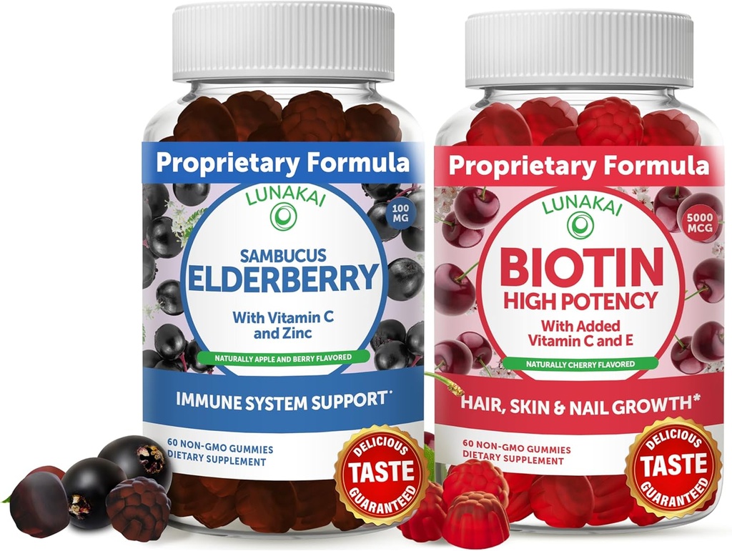 Lunakai Biotin & Elderberry Gummies Bundle - Gummy for hårvekst, hudglød og sterkere negler med vitamin C og E - immunstøtte Supplement for voksne og barn