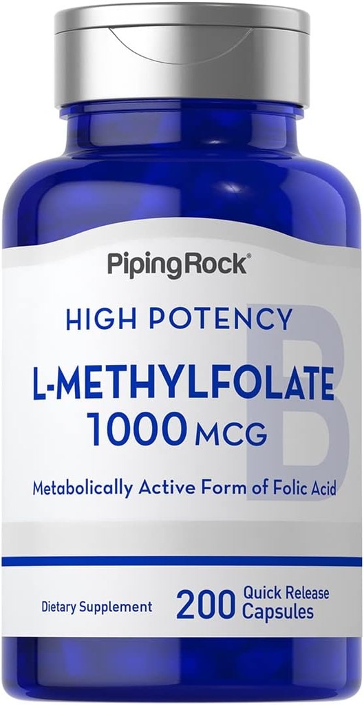 Piping Rock L Metylfolat Supplement | 1000 mg | 200 kapsler | Aktiv form av folsyre | Ikke-GMO, Glutenfri
