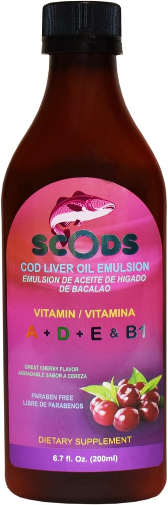 Emulsjon de Scods Cereza Cod Liver Oil Emulsjon Cherry 200ml Vitamin A + D + E & B1