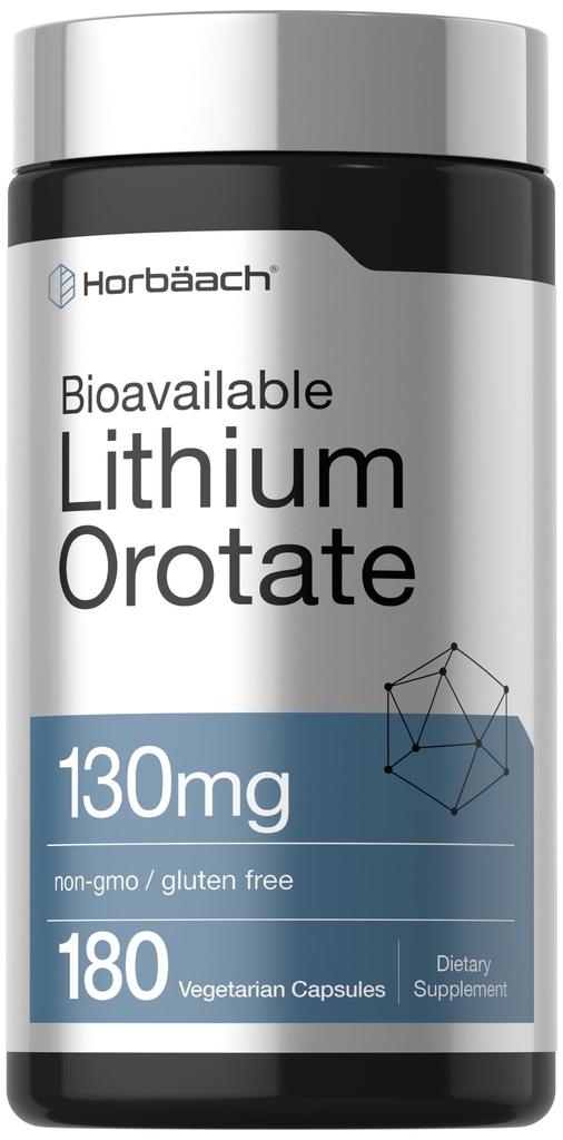 Horbäach Litium Orotate 130 mg | 180 kapsler | Ikke-GMO, Glutenfri | 5 mg Biotilgjengelig Elementalt Litium