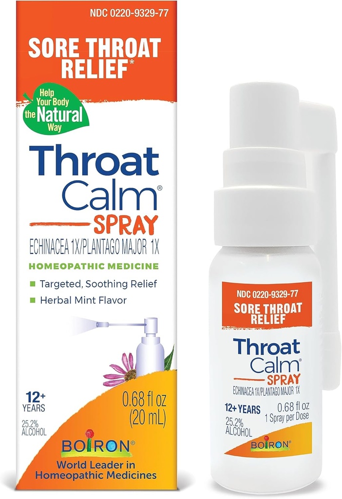 Boiron ThroatCalm Spray for beroligende Sore Throat Relief - Plant-drevet med Echinacea - Naturlig, Mint-like Herbal Flavor - Non-Numming & Benzocaine-Free - .68 Fl Oz