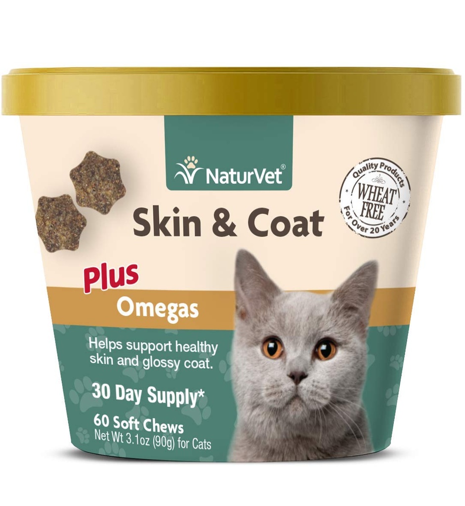 NaturVet – Hud & Coat Plus Omega til katter – 60 myk Chews | Støtter sunn hud & glossy Coat | Forbedret med Omega-3, Omega-6 & Biotin | 30 dagers forsyning