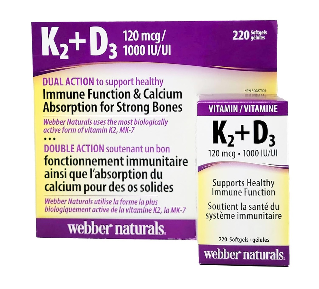 Webber Naturals K2 + D3 120 mhg/1000 IU, støtter sunn immunfunksjon - 220 mhtgels