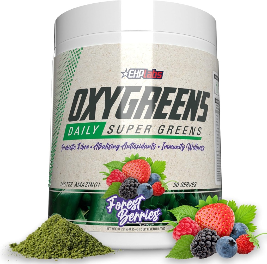 EHP Labs OxyGreens Super Greens Powder - Daglige Grønn og Superfood Supplement med Spirulina, Klorella, Prebiotika, Digestive Enzymer, Antioksidanter - 30 Serveringer (Forest Berries)