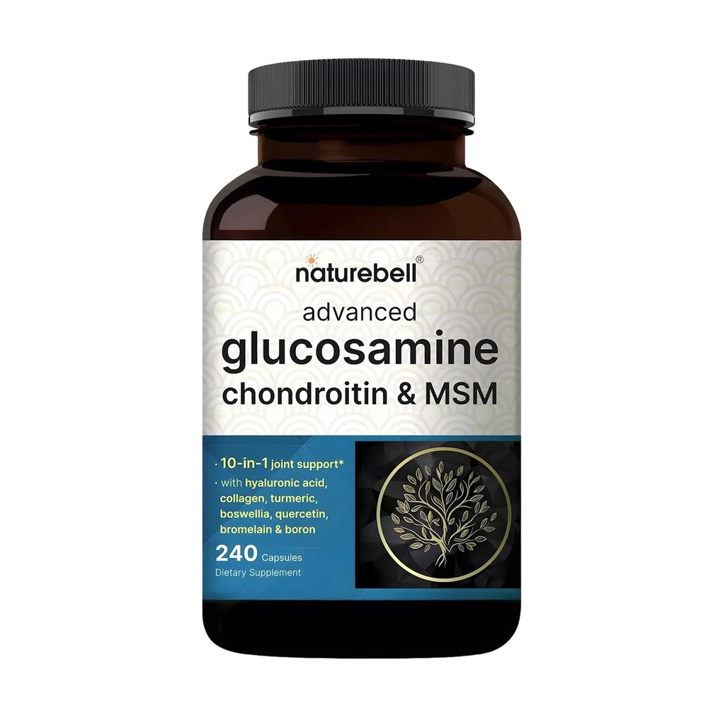 NatureBell Advanced Glucosamine Chondroitin MSM Supplement, 240 kapsler | 10-i-1 felles støttekompleks - med Hyaluronsyre, kollagen, Turmeric, Boswellia, og mer - Ikke-GMO