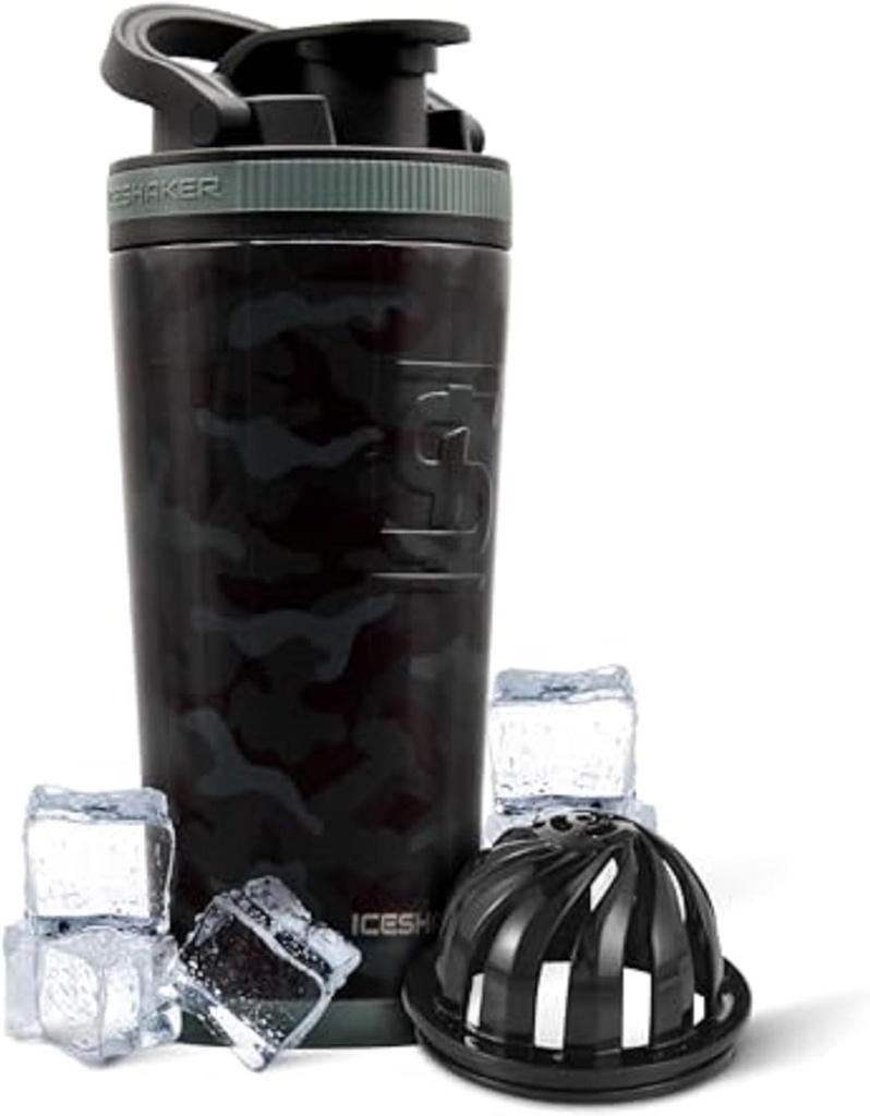 Isshaker isolert rustfritt stål Shaker flaske | 26oz, svart camo | kaldt i 30+ timer | Isolert kopp med Twist-on Agitator | Odor-fri flaske for proteinshakes, vann, smoothies, cocktails