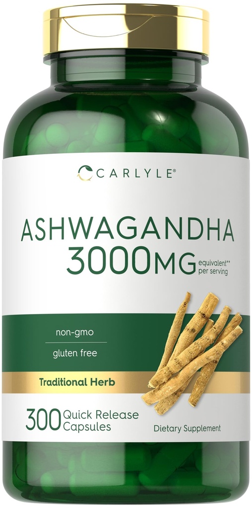 Carlyle Ashwagandha Supplement for kvinner og menn | 3000mg | 300 kapsler | Herb Root Extract med svart pepper | Ikke-GMO og glutenfri