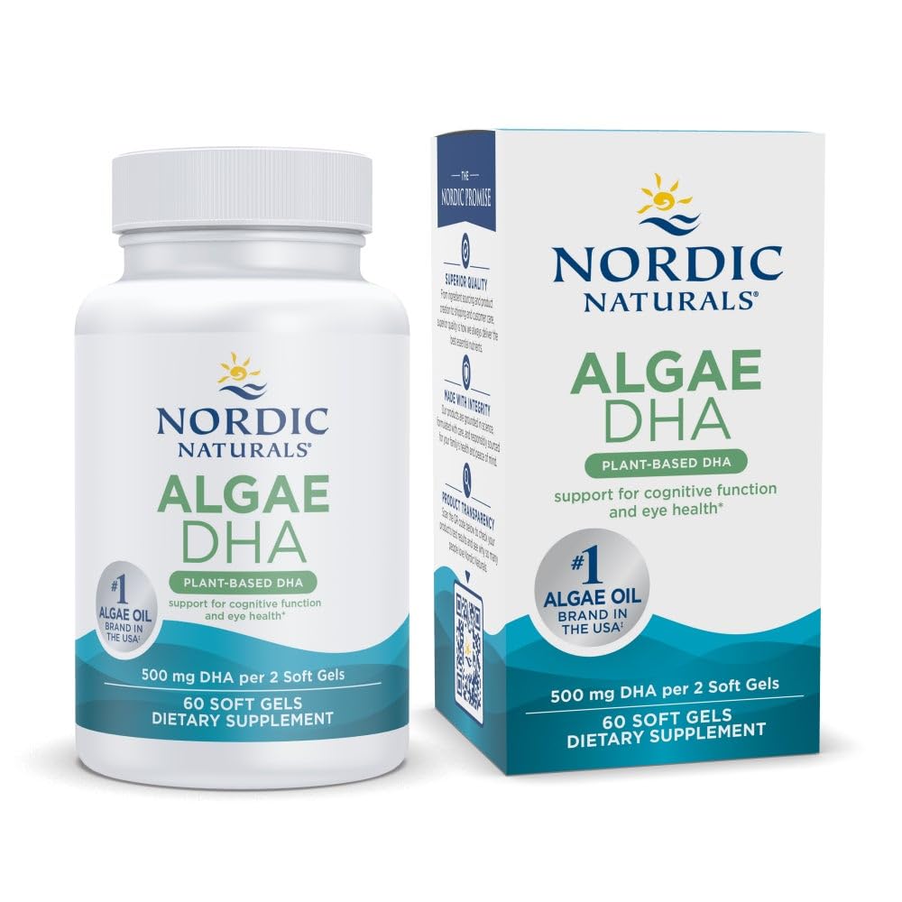 Nordic Naturals Algae DHA - 60 Soft Gels - 500 mg Omega-3 DHA - Certified Vegan Algae Oil - Plantebasert DHA - Hjerne, Øye & Nervesystemstøtte - Ikke-GMO - 30 Services