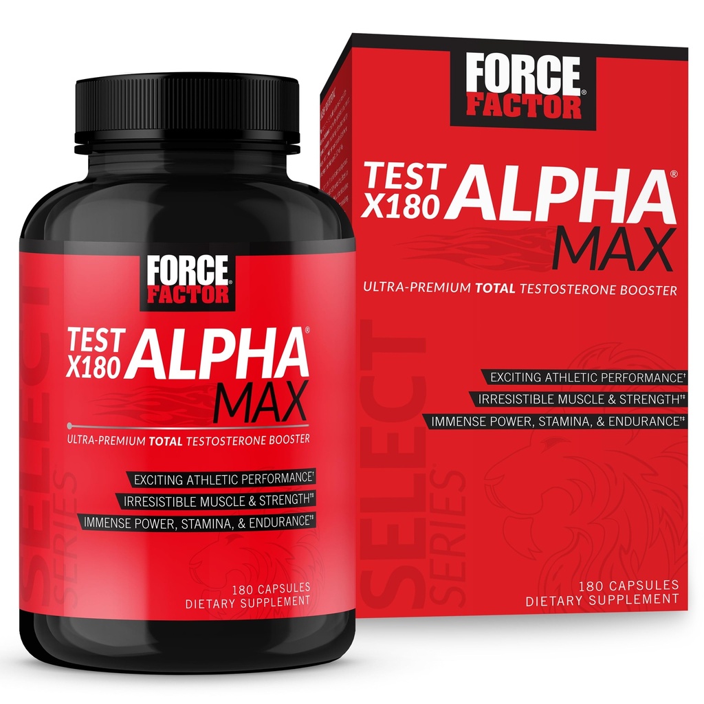 FORCE FACTOR Test X180 Alpha Max Total Testosteron og nitric Oxid Booster for menn med fenugreek frø og tribulus å øke blodflyten og forbedre mannlig atletisk ytelse, 180 kapsler