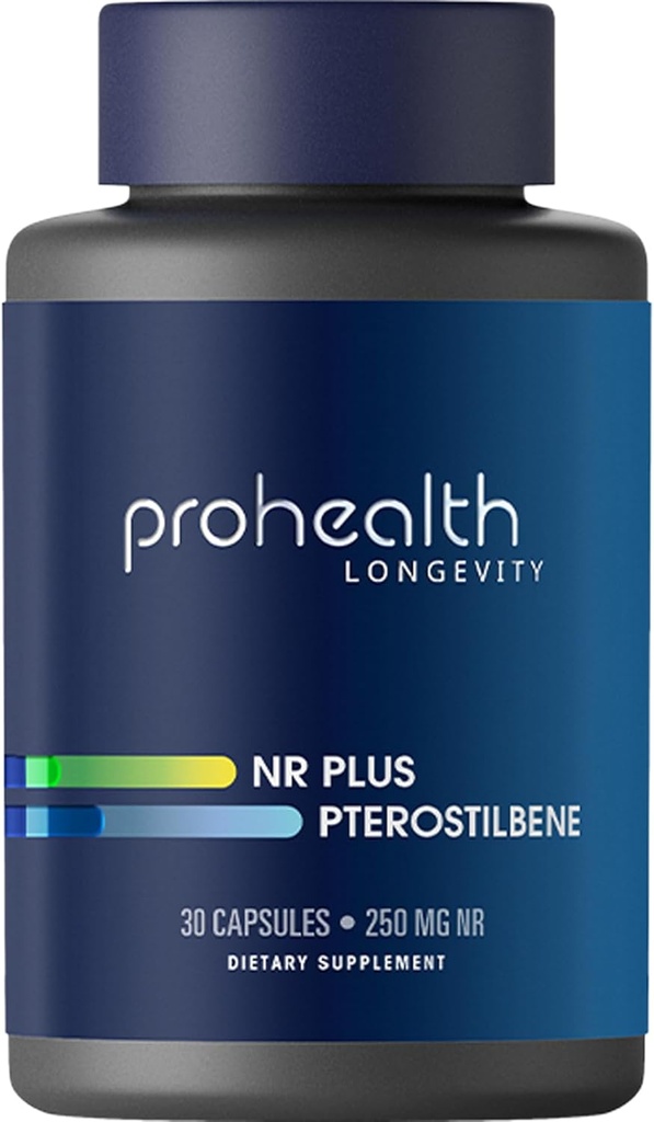 ProHealth NR + Pterostilbene. Fremmer langvarighet, energi og sunn aldring. Beskytter hjerte + hjerne helse. Støtter Cellular Repair. 250mg Niagen Nicotinamid Riboside + 40mg Pterostilbene, 30 Caps