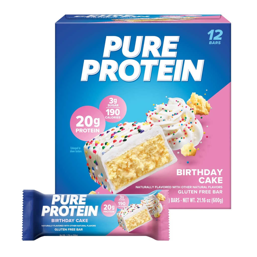 Pure Protein Bars, Høyt protein, Nutritious Snacks å støtte energi, Lavt sukker, Glutenfri, Bursdag Kake, 1.76 oz, Pakke med 12 (Packing May Vary)