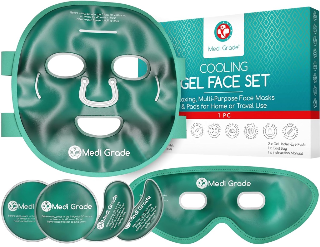 Medi Grade Kjøle Ice Face Mask og Kjøle Øyemaske for Puffy Eyes & Migraine Relief - Selvpleie Face Ice Pack med ChillGel Face Ice Mask Technology - Kjøle ansiktsmaske, Øye Pads og Bag