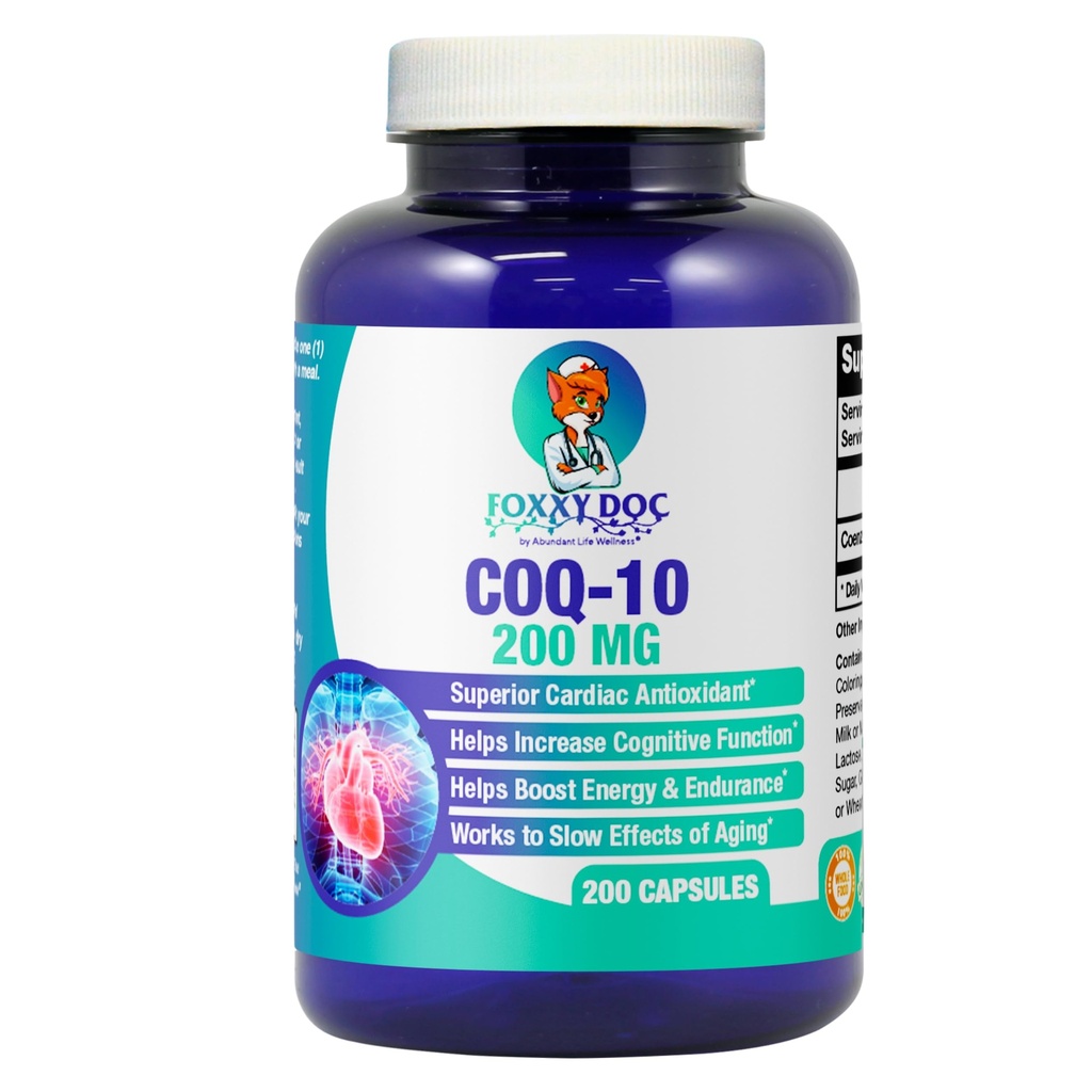 CoQ10 - Co-Enzyme Q1-200 mg -High Absorpsjon - 400 mg per 2 caps - Ikke-GMO - Glutenfri - 200 Veg. Caps - Hjerte & Cellular Support - laget i USA av Foxxy Doc