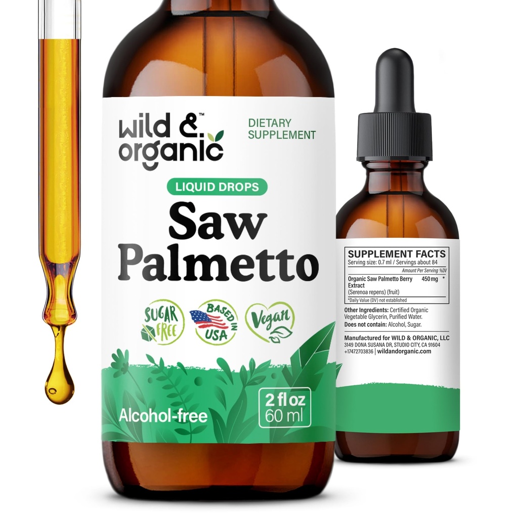 Wild & Organic Saw Palmetto Extract Drops - Urin support - så Palmetto for menn og kvinner - flytende Serenoa Repens Berries Supplement - Vegan, sukker og alkohol-fri - 2 fl oz