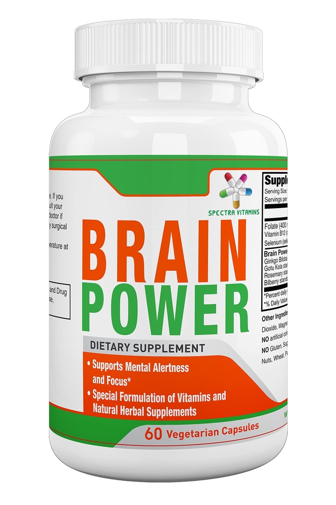 Spectra vitaminer Brain Power, støtter fokus, Nootropics, forbedrer minnet, årvåkenhet for menn og kvinner, Ginkgo Biloba, Gotu Kola, 60 kapsler,