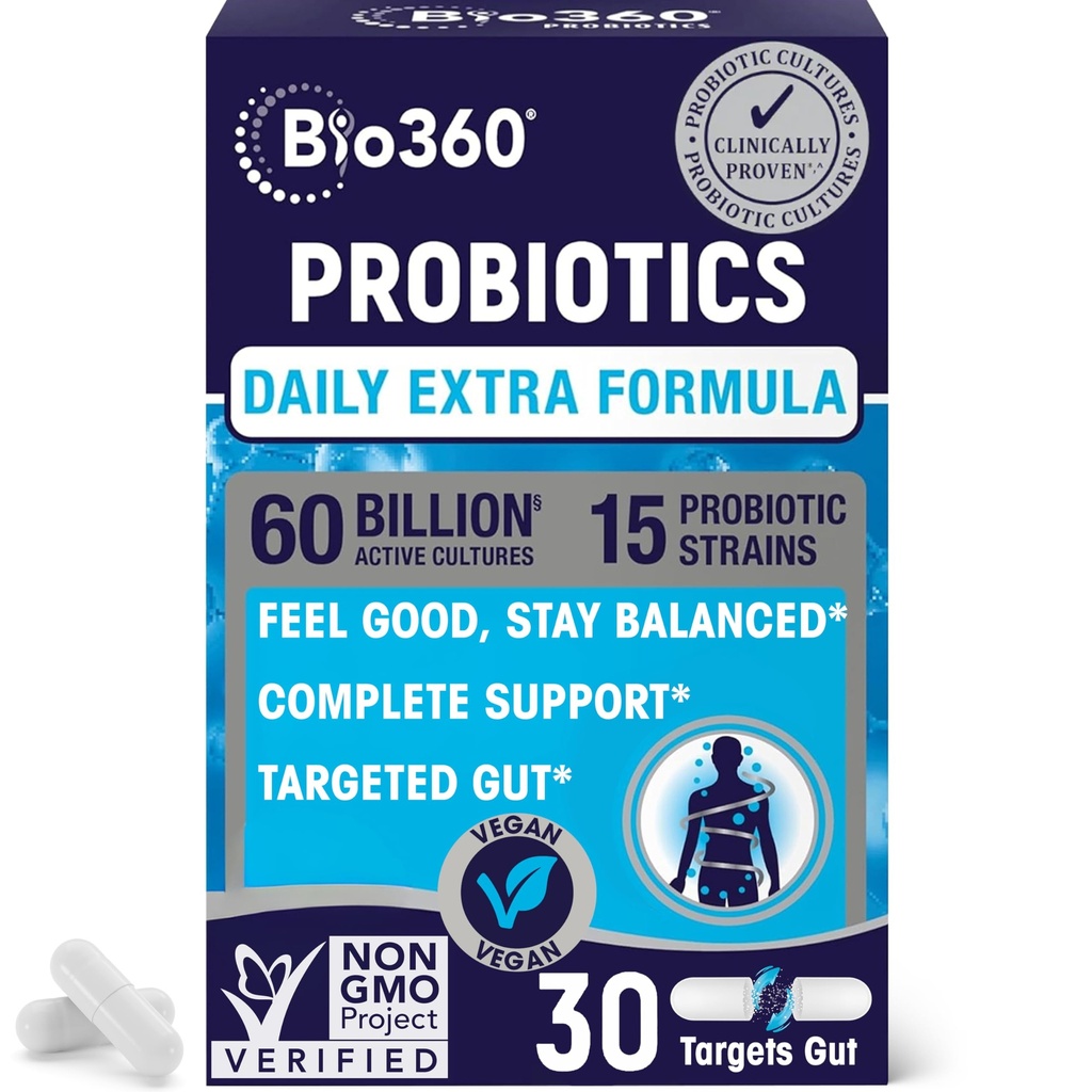 Ekstra styrke probiotika for digestiv helse og immun støtte, 60 milliarder CFU & 15 Strains, Gut Health Probiotika for menn og kvinner støtter anledningssykdommer, diarre, gass og blotting, 30CT