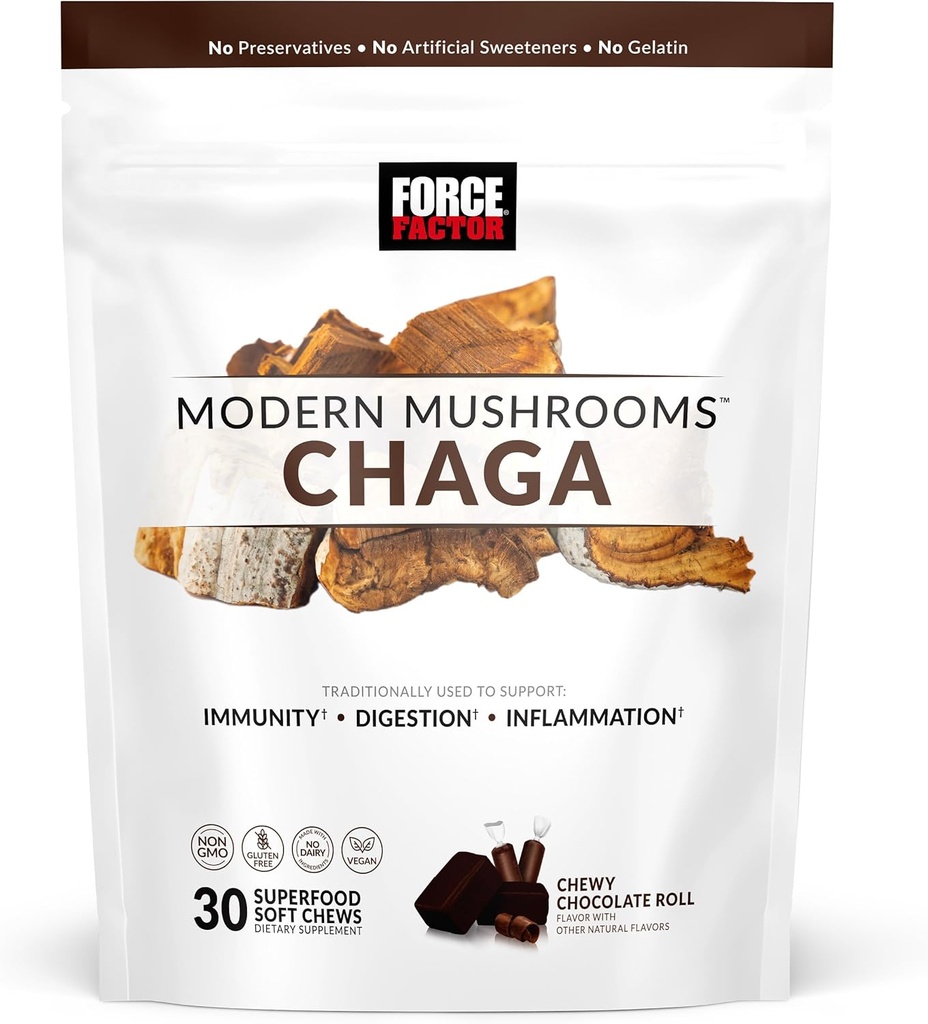 FORCE FACTOR Moderne Mushrooms Myke Chews, Chaga Mushrooms Supplement for å støtte immunitet, Digestion, & Gut Helse, Antioksidanter Supplement, Delicious Chewy Chocolate Roll Flavor, 30 Myke Chews