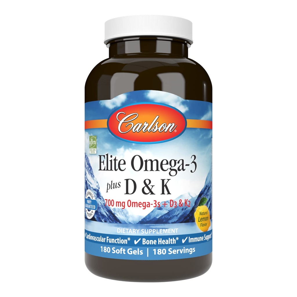 Carlson - Elite Omega-3 Plus D & K, 700 mg Omega-3s + D3 & K2, funksjon, Bone Helse & Immune Support, sitron, 180 Softgels