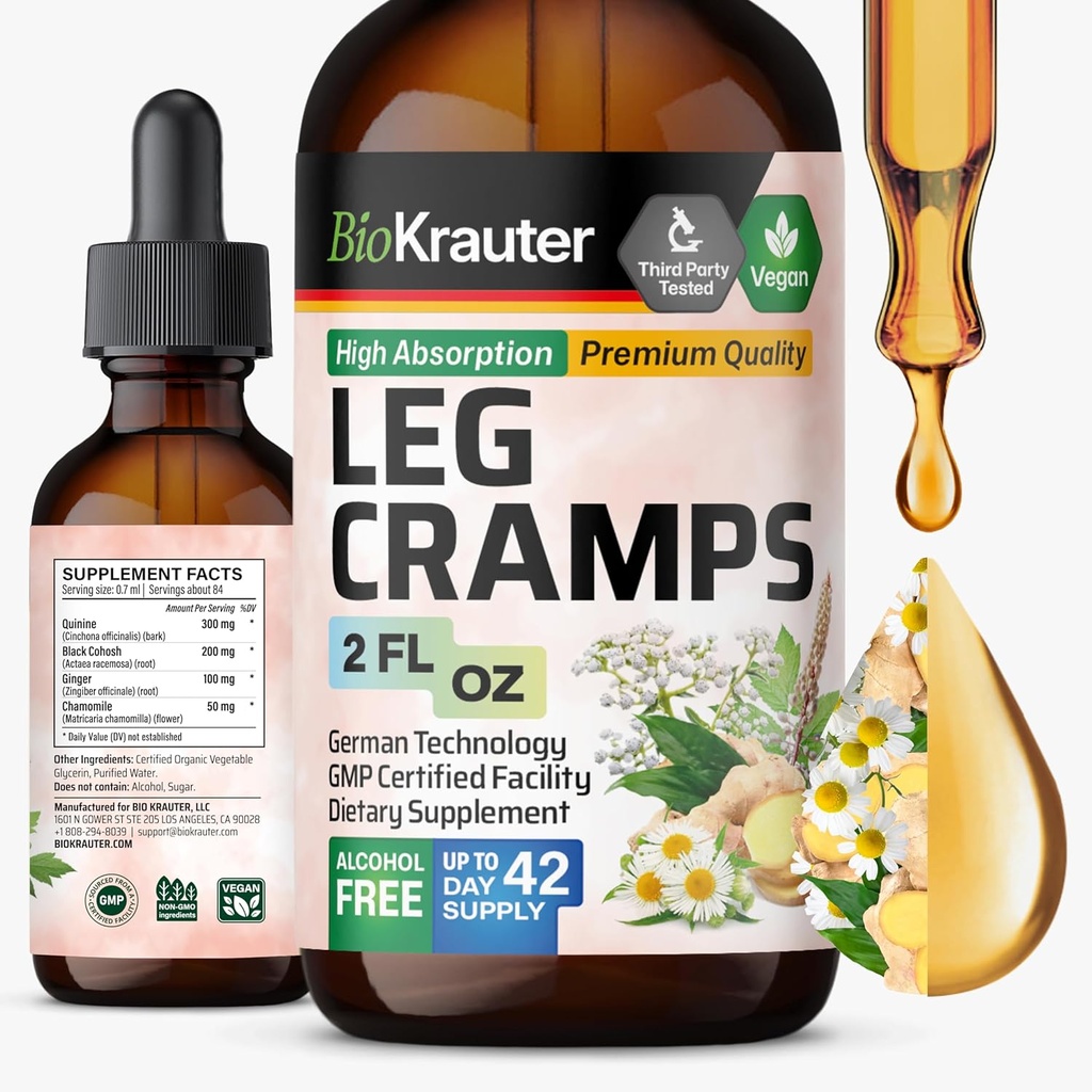 BIO KRAUTER Benkramper Tinktur med Quinine - Ginger & Kamille flytende ekstrakter for benkramper - naturlig alkohol & sukkerfri formel - Vegan Drops 2 Fl.Oz.