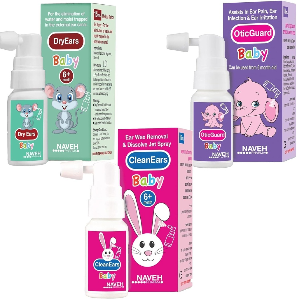 NAVEH PHARMA Alle babyprodukter (Dry Ears Baby, Otic Guard Baby,Rent ører Baby) 3 X 0,5 Fl Oz ENT LINE