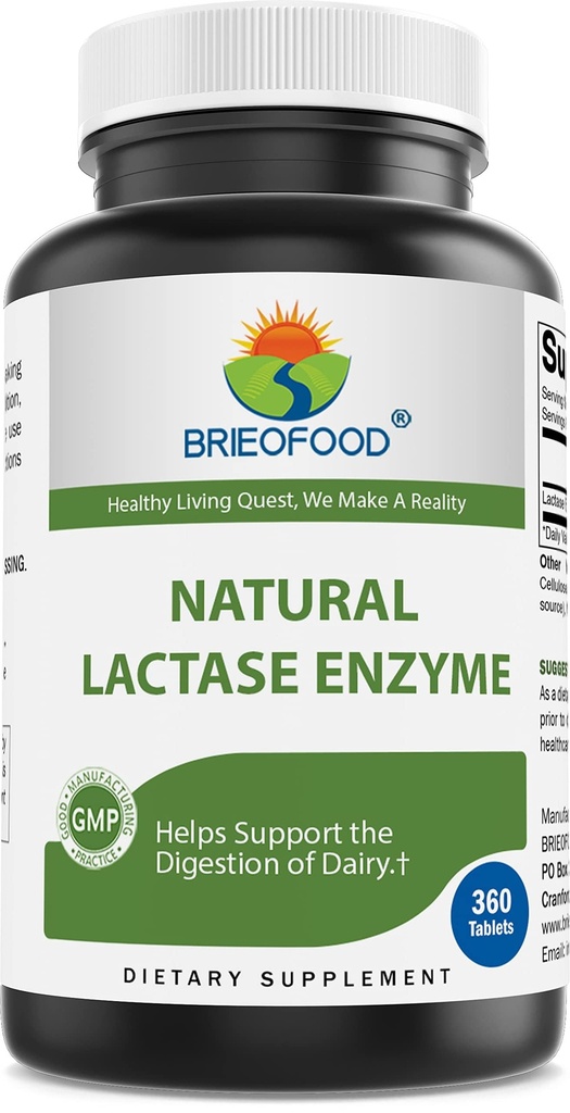 Brieofood Lactase Enzyme piller - 3000 FCC ALU - 360 tabletter - 360 serveringer - Ikke-GMO, Glutenfri