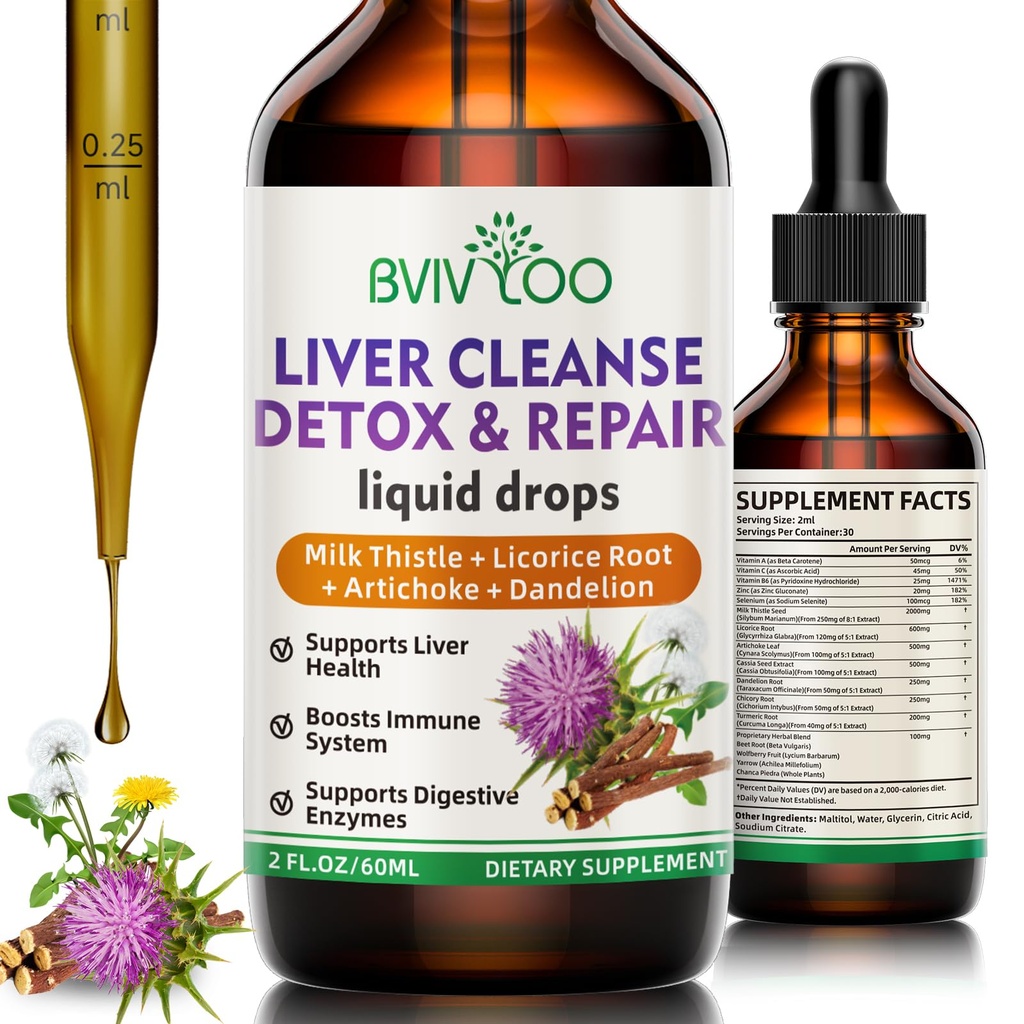 Liver Cleanse Detox & Reparasjon flytende dråper - 2000mg Melk Thistle, Dandelion Root, Artichoke, Silymarin Extract, & Turmeric Urter - Vegan, Ikke-GMO - 2 Fl Oz (60ml) Flaske