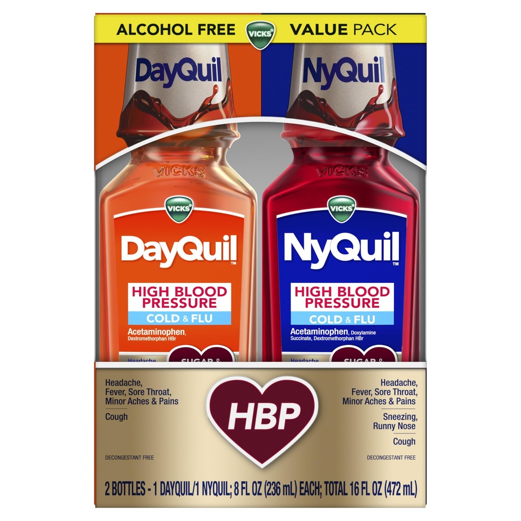 VICKS DayQuil & NyQuil Høyt blodtrykk Kaldt og influensa relief flytende medisin Co-Pack, kraftig multi-Simptom dagtid og nattetid Relief for kaldt, hoste og influensa symptomer, sukker og alkohol gratis, 2x8oz