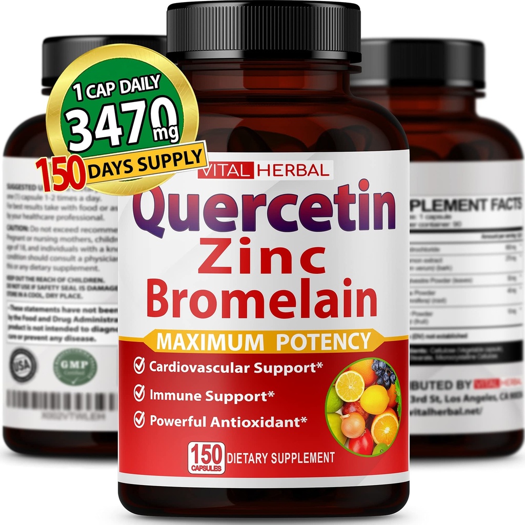 Premium høy renhet Quercetin 98% med Bromelain Capsules for maksimal potens med grønn te Ashwagandha - Støtter total helsestyrke energi - 150 dagers forsyning