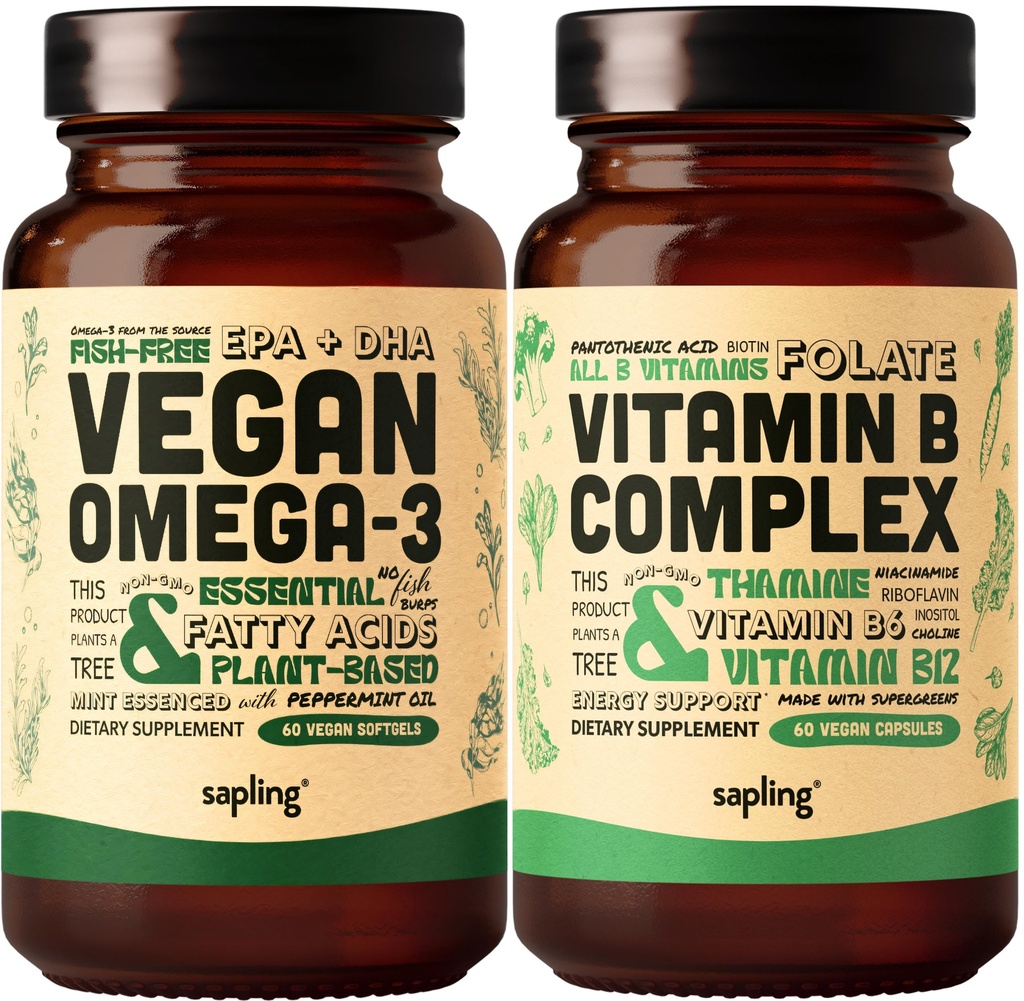 Vegan Omega 3 & Vegan vitamin B komplekse bunke - plantebaserte DHA & EPA fettsyrer, essensielle B vitaminer med hele mat blanding, B1, B2, B3, B5, B6, B7, Folate