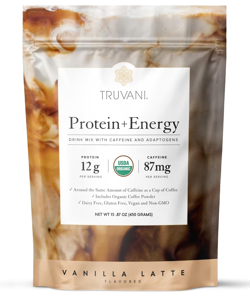 Truvani Protein + Energi Drikke Blande med 87mg Koffein | Vanilla Latte | 12g Organisk Plante Basert Protein | 20 Serverer | USDA Organisk Kaffe pulver & Adaptogens | Gluten & Dairy Gratis | Vegan | Ikke-GMO