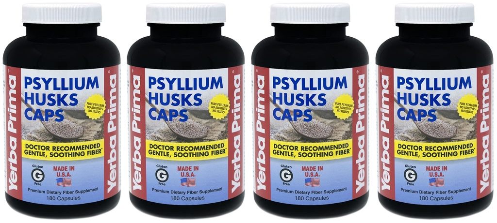 Yerba Prima Psyllium Huss Caps - 180 caps (pakke med 4) - Naturlig fiber Supplement - Ikke-GMO Glutenfri