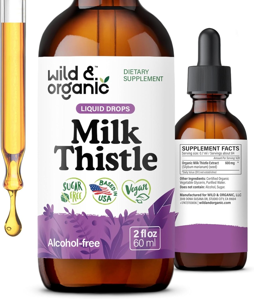 Wild & Organic Milk Thistle Extract Drops - Liver Cleanse Support - Melk Thistle Liver Detox Tinktur - Silymarin Supplement - Silybum Marianum Seeds - Vegan, Sukker & alkohol-fri - 2 fl oz