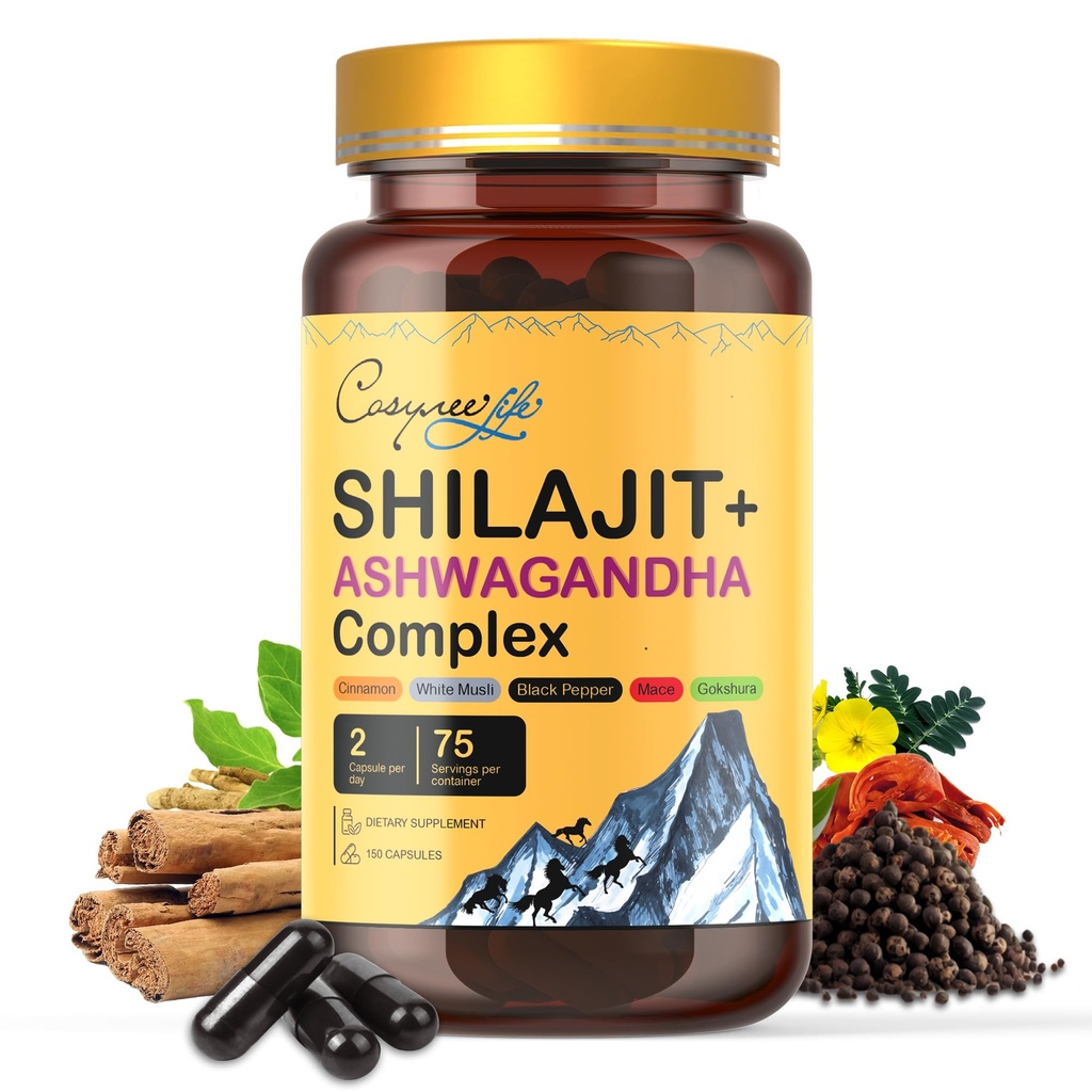 Himalayan Shilajit-komplekset med Ashwagandha, Mace, Gokshura, kanel og piperine | Energi, Vitality & 85+ Spor Mineraler, Shilajit for menn, Shilajit for kvinner, Vanlig dose - 150 kapsler
