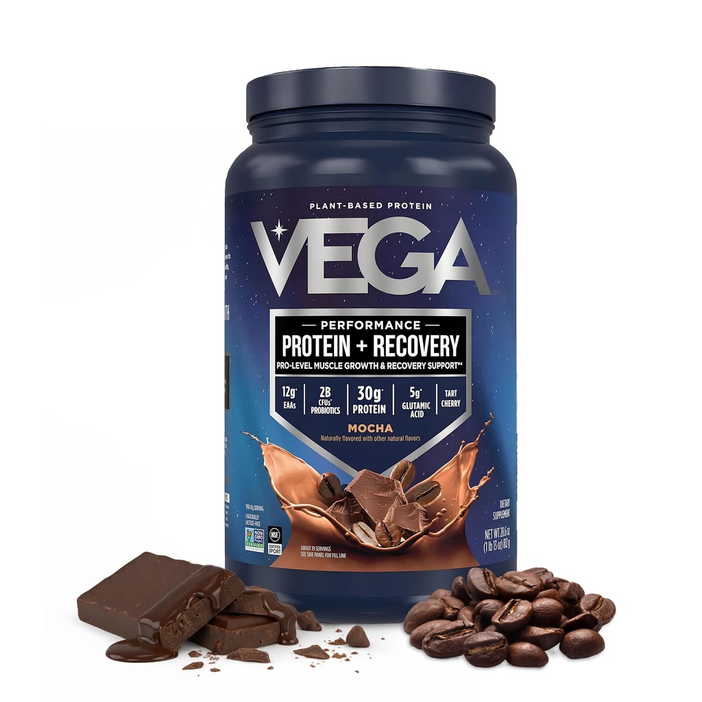 Vega Sport Vegan Protein Powder + Recovery - 30g Plante Basert Protein per Serving, Mocha, 19 Servering, 5g BCAA, Probiotika, NSF Certified, For Shakes & Smoothies, 1.8lbs (Packing May Vary)