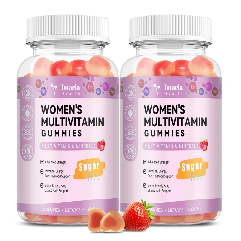 Totaria Sugar Gratis Multivitamin Gummies for kvinner 14+ w/Inositol, Jern, Folat, Biotin, Kvinner Daglig Multivitamin Gummy w/Vitamin A, D, C, B, Støtte Hår, Hud, Energi, Immun, Jordbær Flavor