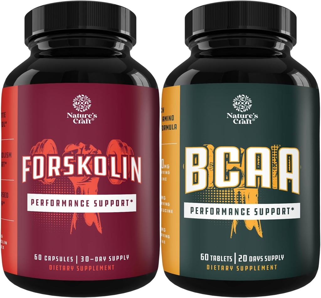 Bundle av naturlig pre trening Forskolin Supplement og gren kjede Aminosyrer Supplement - naturlig energiforsterker og trening Supplement - Vegan BCAA Kapsler Post Trening Muscle Recovery