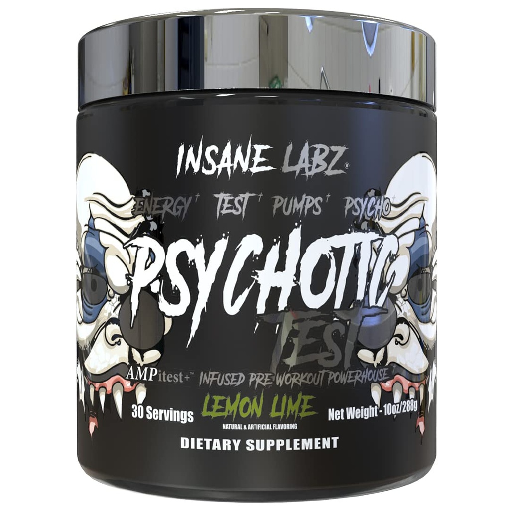 Insane Labz Psykotisk test, høy stimul testosteron energi og pumpe øker pre-workout pulver med DMAE Bitartrat, D Aspartic Acid, Creatine HCL og Glycerol Monostearate, 30 serveringer, sitron Lime