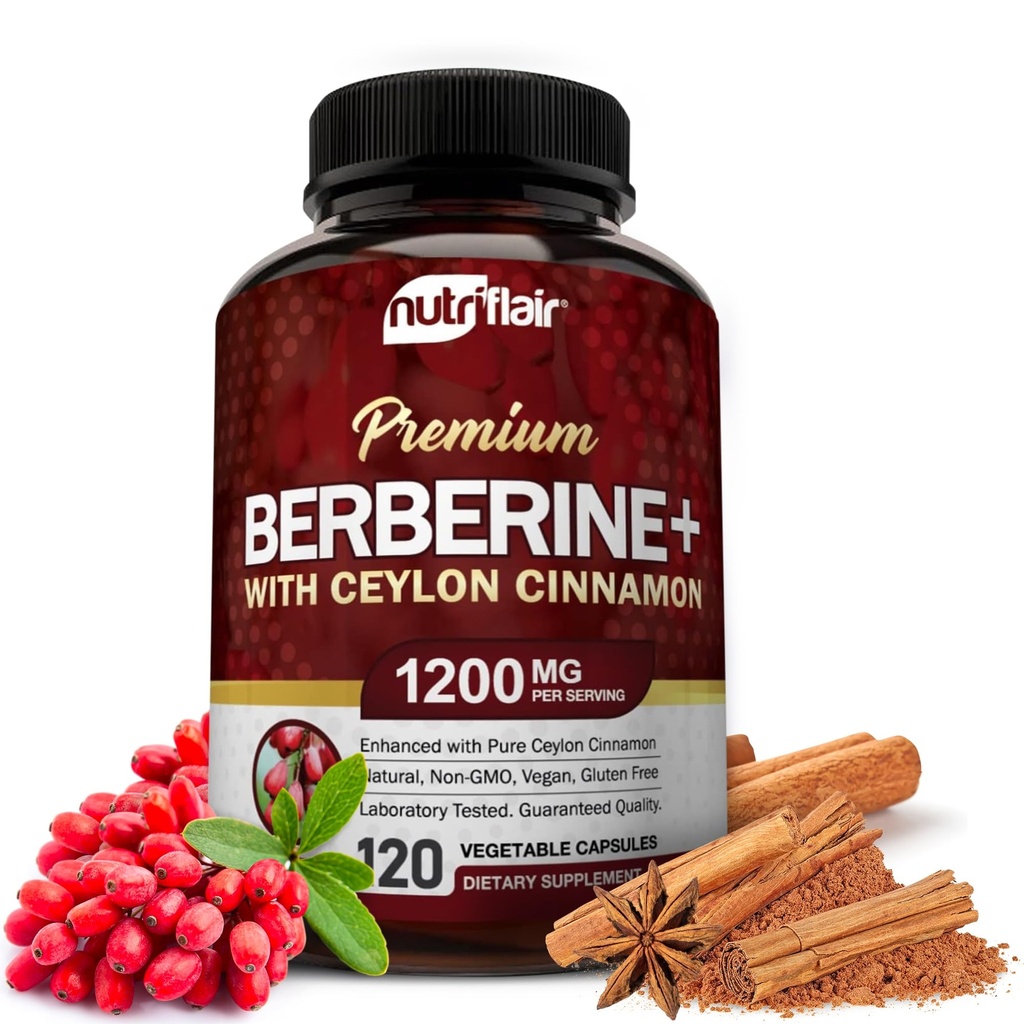 NutriFlair Premium Berberine HCL 1200mg, 120 kapsler - Plus ren sann ceylon kanel, Berberine HCI Root Supplements piller - immunsystem - gir en optimal 8% HCl