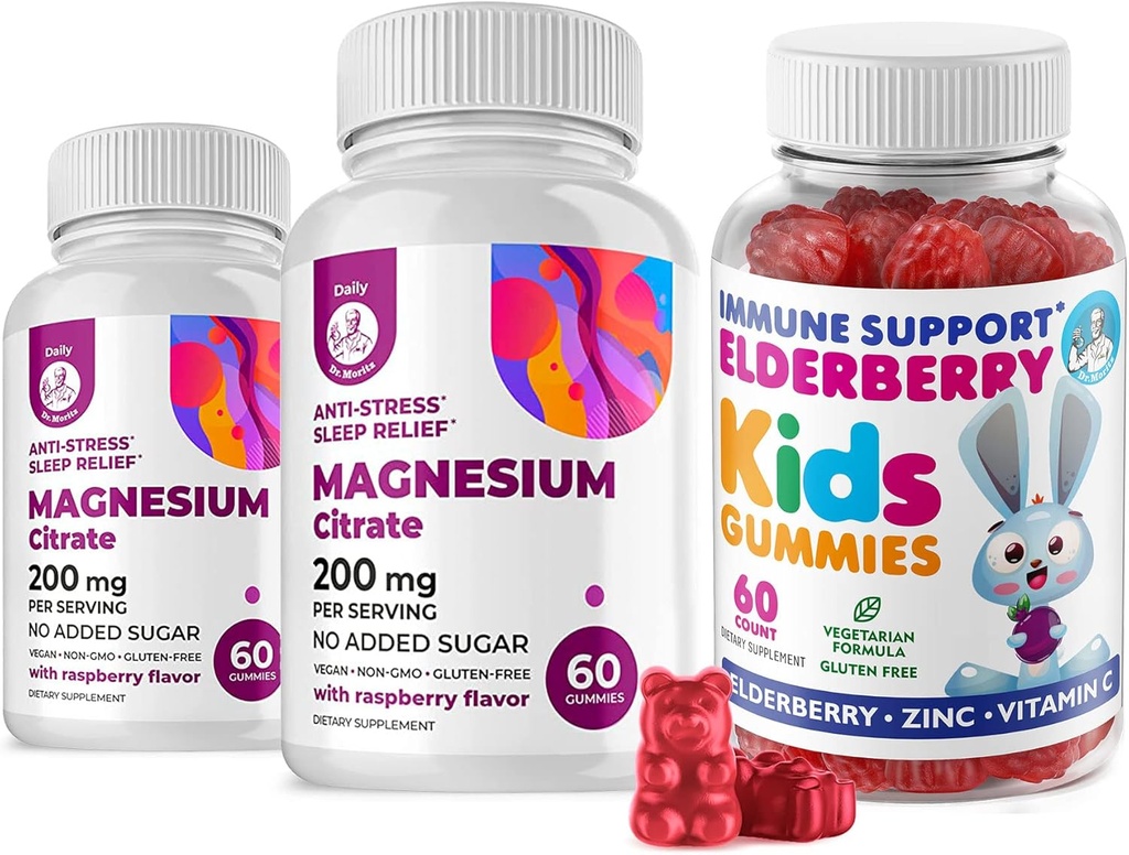Elderbær gummier for barn og magnesium 200 mg Gummies Sukker-fri - Sunn Immune System Booster og helsestøtte med eldrebær ekstrakt med magnesium ro Chews for barn og voksne sukker-fri