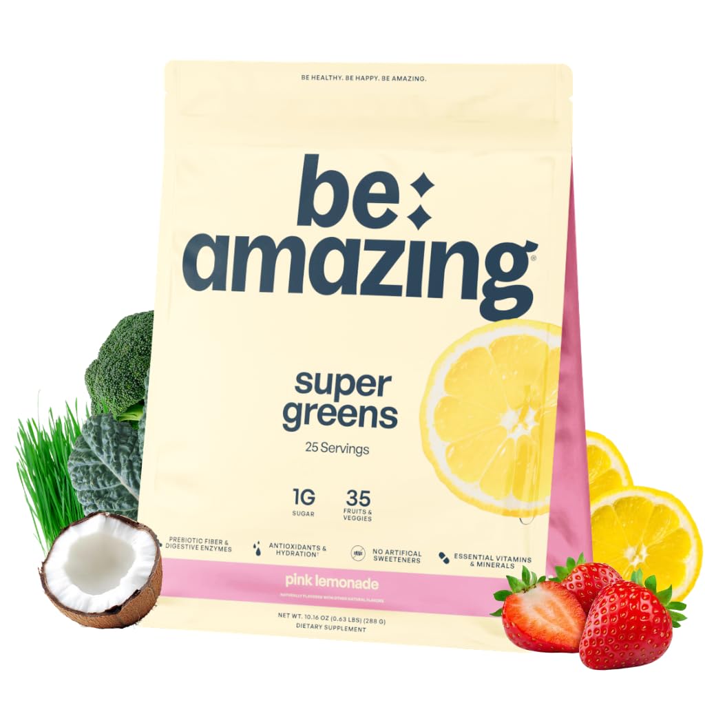 BE AMAZING Super Greens pulver med prebiotika, Digestive enzymer og antioksidanter, 35 frukter og grønnsaker, Electrolytes & Fiber, Vegansk, Glutenfri Juice & Smoothie Mix, Pink Lemonade, 25 serveringer