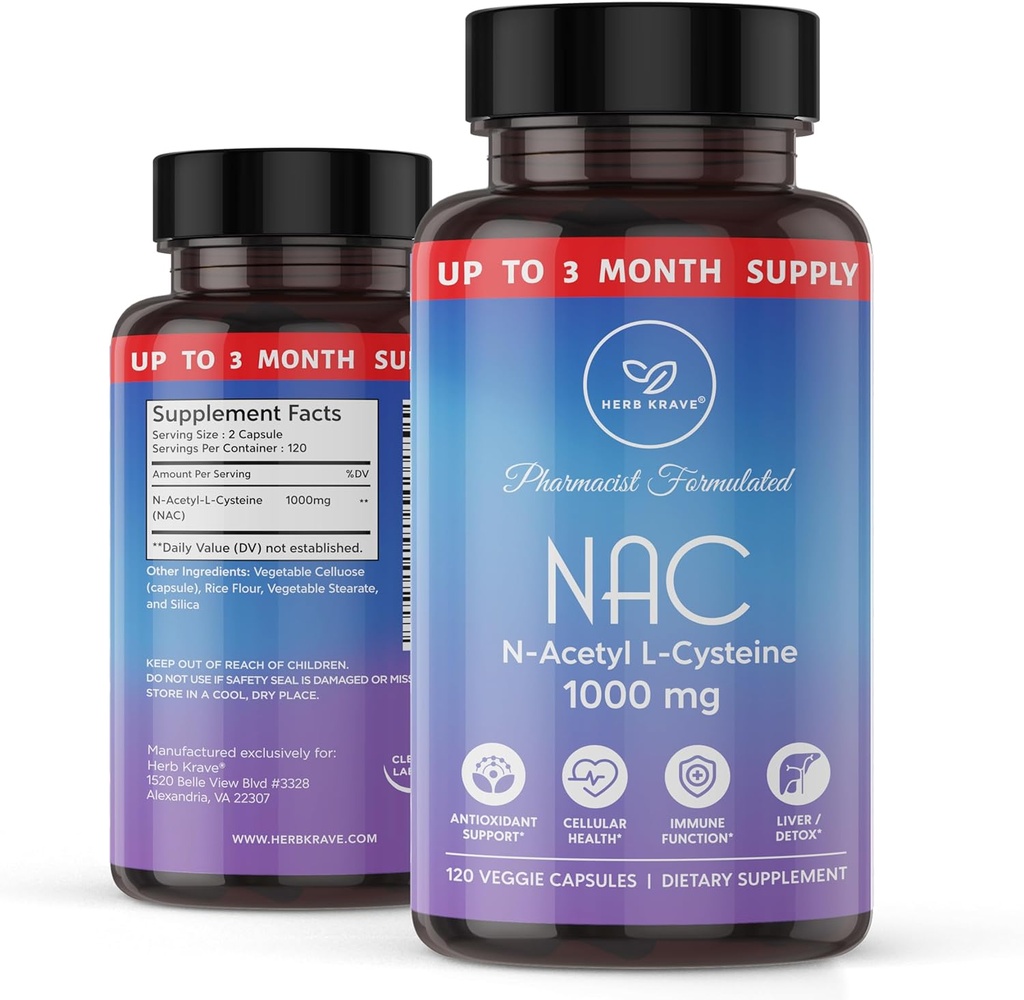 NAC Supplement N-acetylcystein 1000 mg, aminosyre, naturlig antioksidant, støtte for lever, lunge, immunsystem, fruktbarhet | 120 N-acetyl-L-cysteinkapsel
